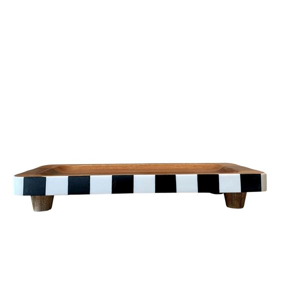 Black & White Checkered Enameled Mango Wood Serving Tray 12x6 Made In India NEW - Picture 2 of 16